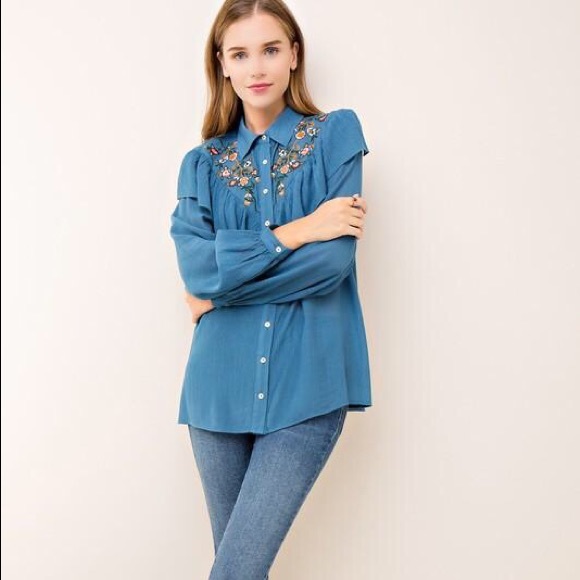 Embroidered Button Up Blouse with Ruffle - Picture 2 of 6